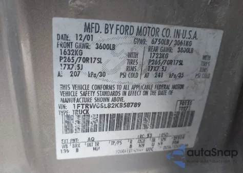 2002 Ford F-150 Lariat/Xlt from USA, damaged, VIN 1FTRW08L82KB58789